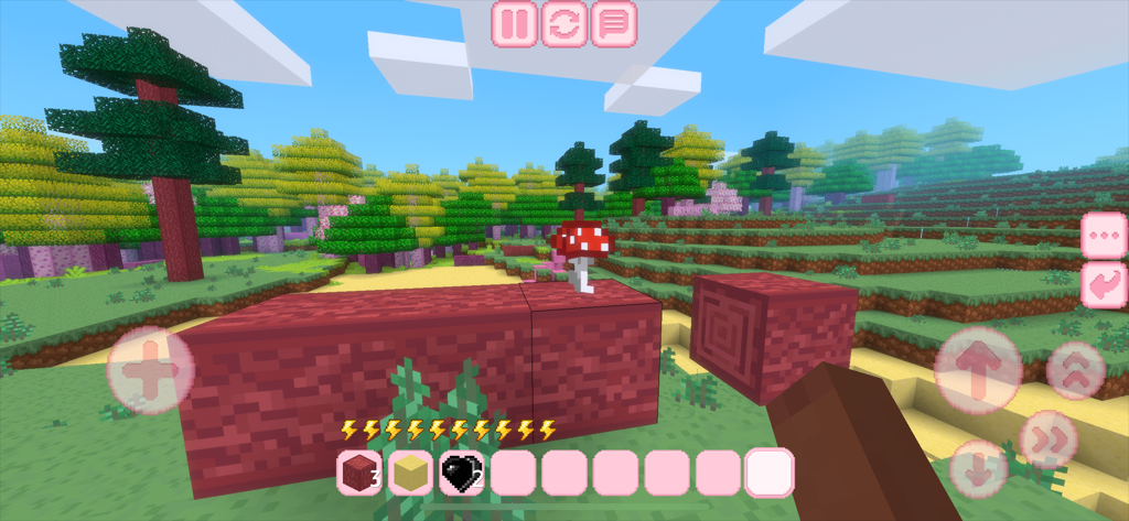 Gameplay screenshot showing block building in a cute pink world with a mushroom