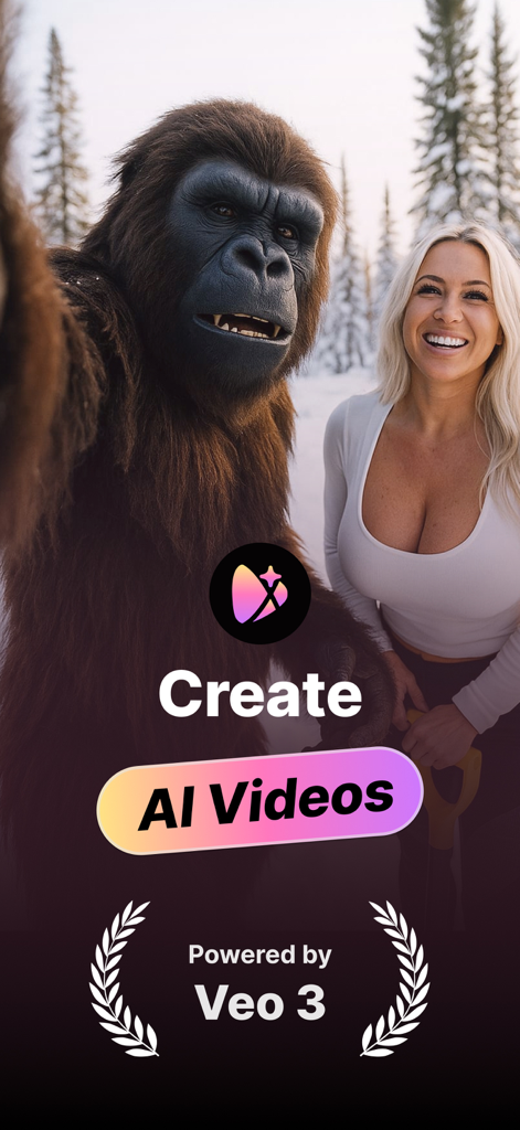 VidLoop: AI Video Generator - KI-Video-Generator-App-Oberfläche, die ein realistisches Video eines Gorillas und einer Frau im Schnee zeigt, angetrieben von Veo 3