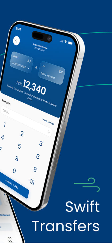 MCB Live - MCB Liveアプリの画面に、数字キーパッド付きの迅速な送金インターフェースが表示されている様子