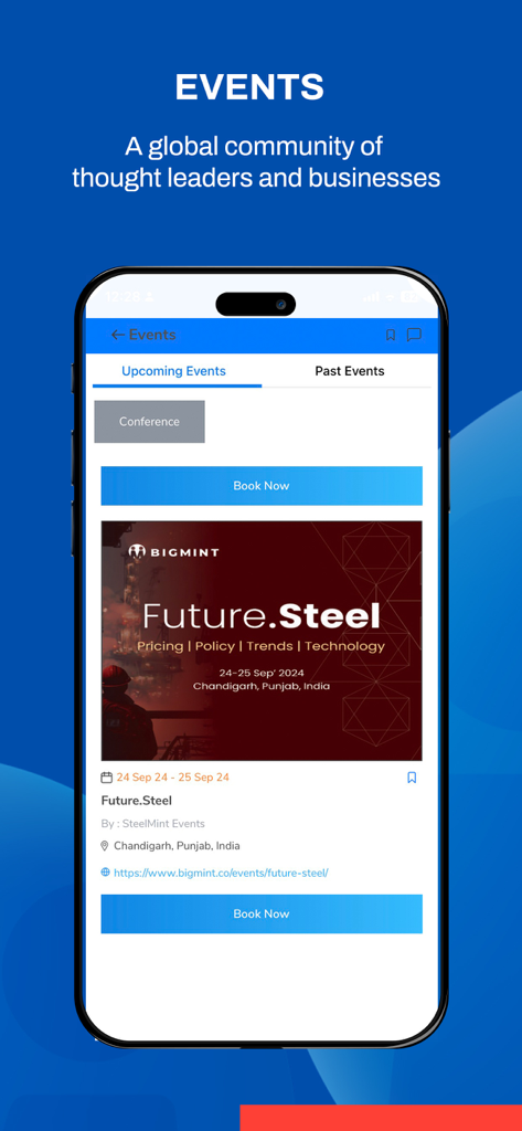 BigMint - BigMint app interface showing upcoming steel industry events and conference booking options