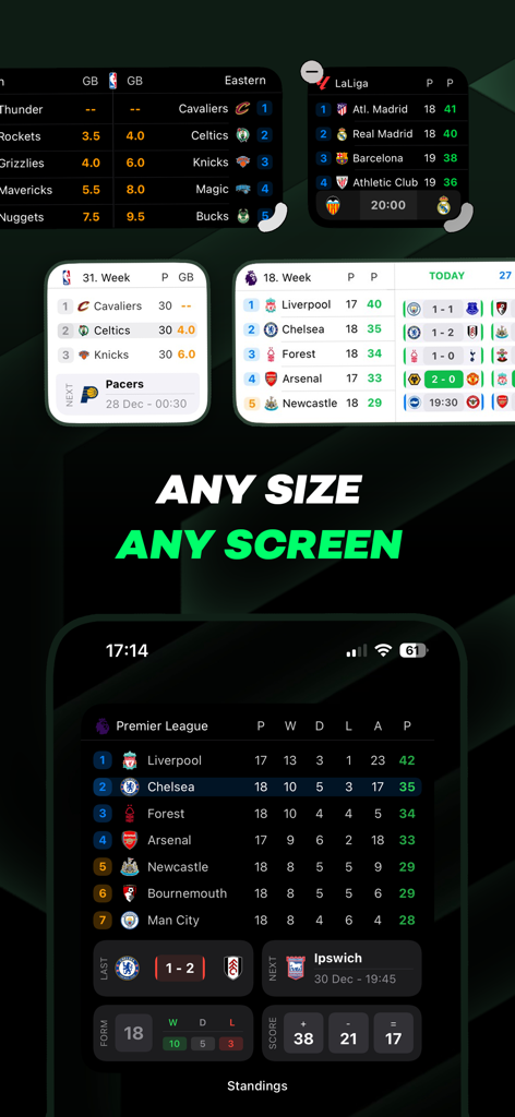 Customizable sports standings and live score widgets displayed on an iPhone in various sizes