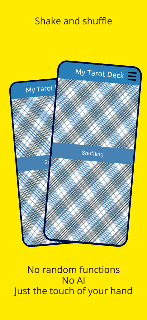 My Tarot Deck - Due smartphone che mostrano la funzione di scuotimento e mescolamento dell'app My Tarot Deck su uno sfondo giallo
