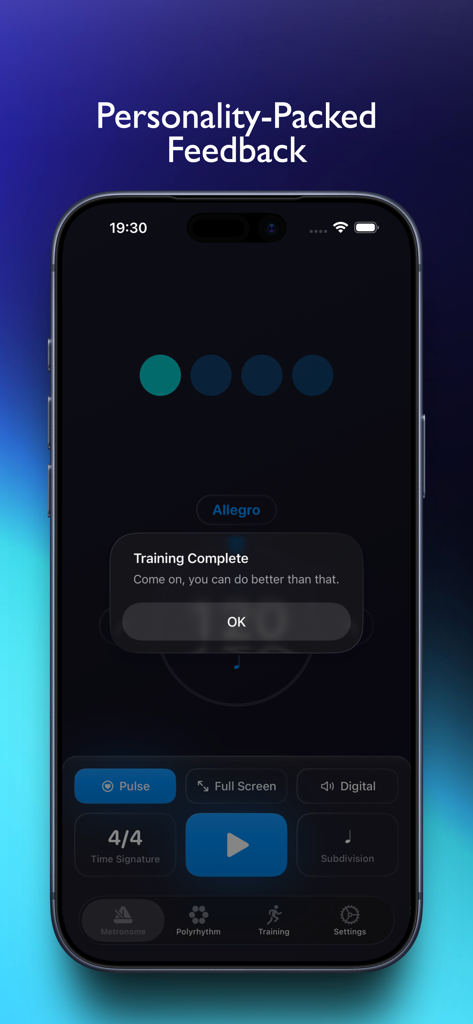 FlowBeats - FlowBeats metronome app showing a training complete popup with personality packed feedback on an iPhone