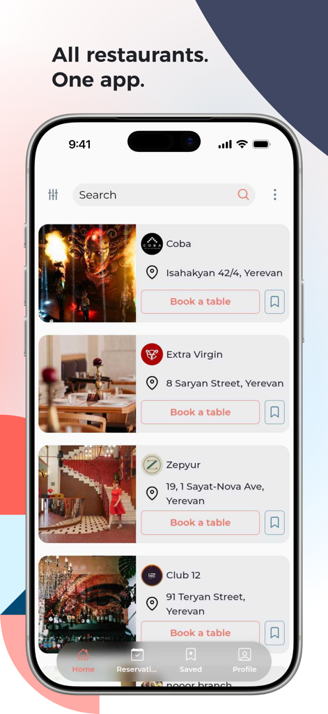 Interface of the RezX app displaying a list of top restaurants in Yerevan with options to book a table