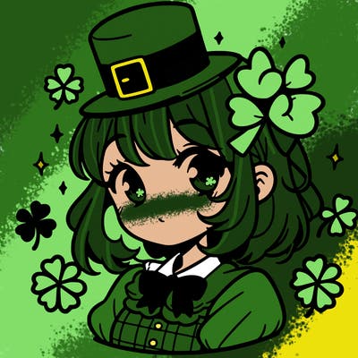 a manga-style girl with clovers around her, a little hat in her hair, like it's saint patrick's day