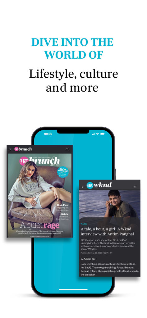 Application Hindustan Times présentant le contenu lifestyle de HT Brunch et HT Weekend
