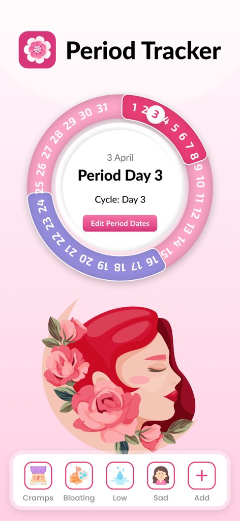 Period Tracker app interface showing menstrual cycle day 3 and symptom logging icons for cramps and bloating