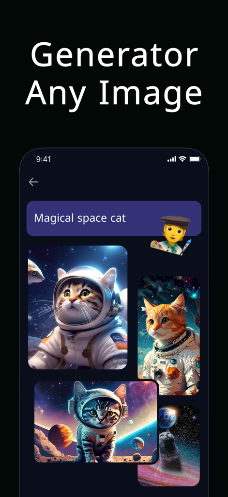 Interface do aplicativo G.AI exibindo imagens de gato espacial geradas por IA a partir de um prompt de texto