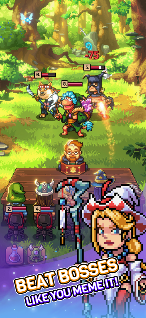 Knights of Pen and Paper 3 - Una escena de batalla RPG de rol pixelado por turnos que muestra a los jugadores en una mesa enfrentándose a monstruos del bosque en Knights of Pen and Paper 3