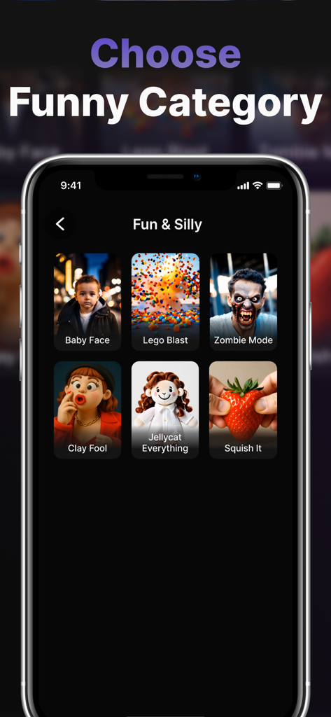 Muse: AI Video,Photo Generator - A smartphone displaying the Fun and Silly category of the Muse AI app featuring various creative filters like Baby Face and Zombie Mode.