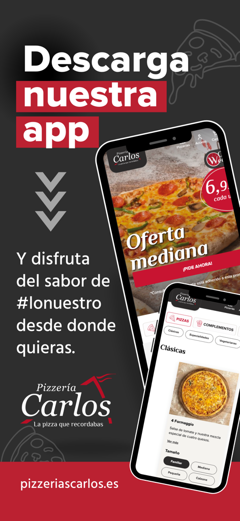 Promotion for Pizzeria Carlos mobile app featuring pizza menu items and special offers on smartphone screens.