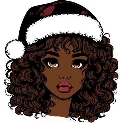 realistic girl with a santa hat curly hair and lips