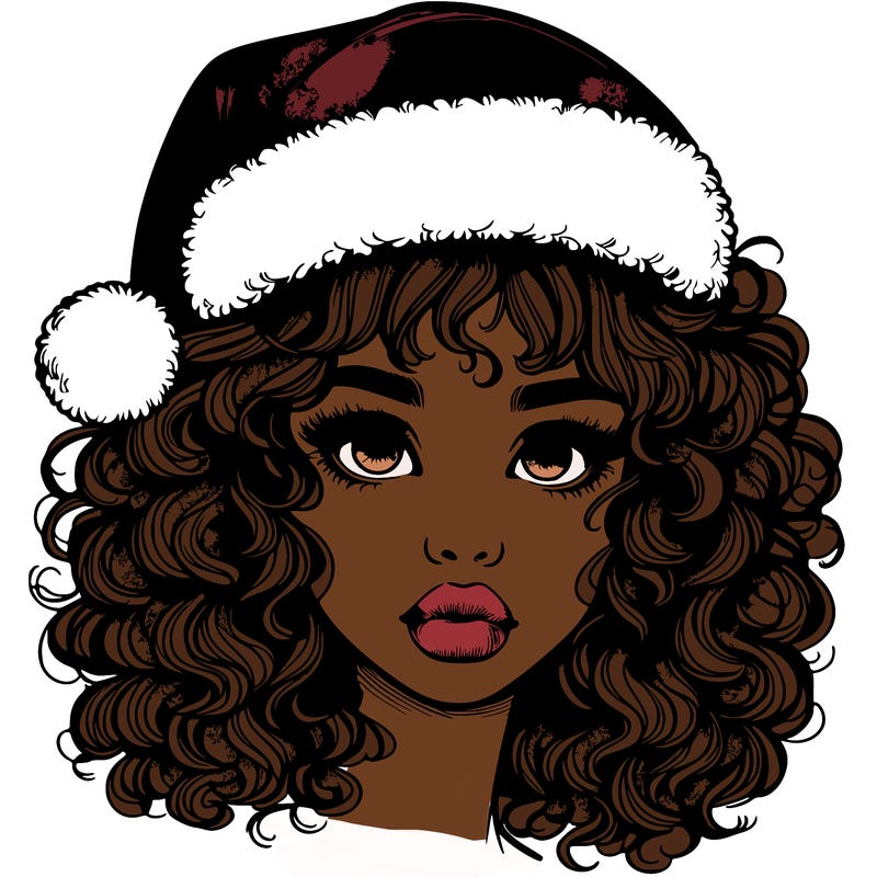 realistic girl with a santa hat curly hair and lips