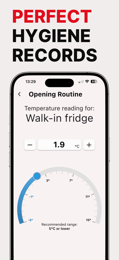 Leafe - Interface do aplicativo Leafe para registrar a temperatura da geladeira de estoque durante uma rotina de abertura