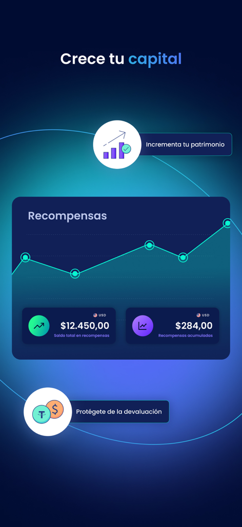 Plenti app interface showing capital growth rewards and USD balance tracking