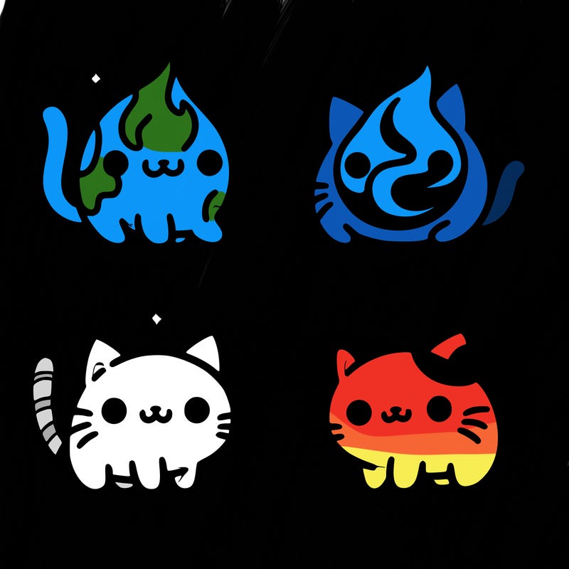 4 cats that represent the different elements, earth, water, air, and fire
