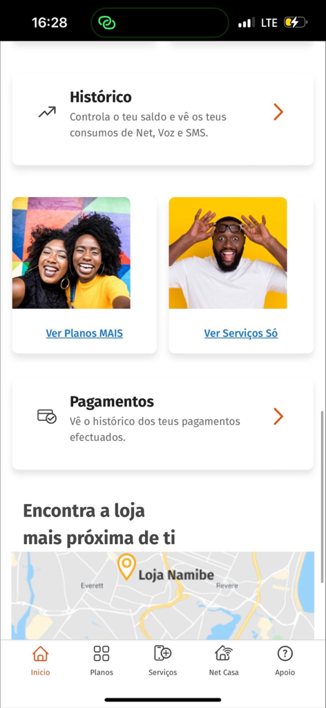 MyUnitel app home screen showing account history payments and a store locator map