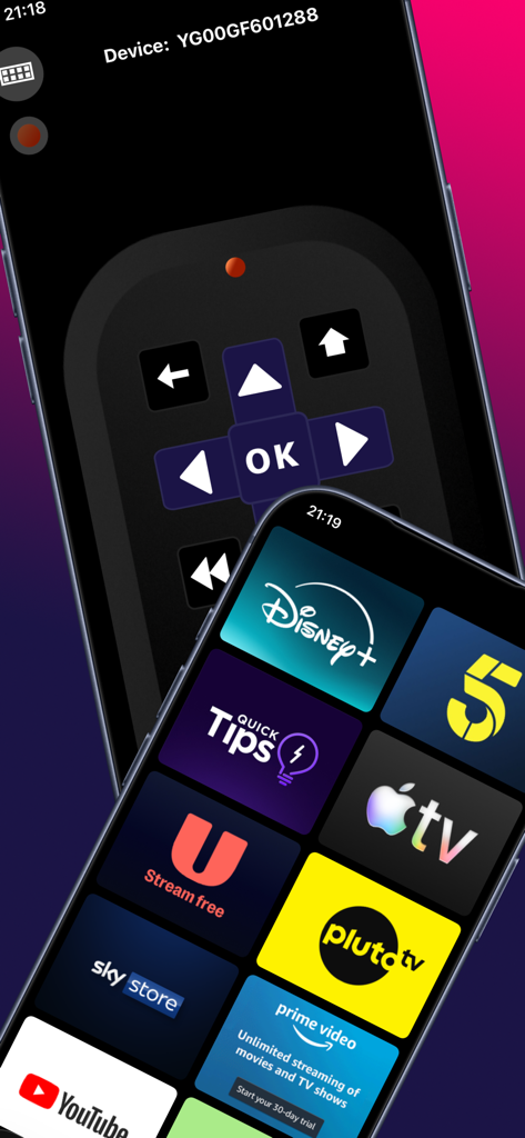 Widget Remote for Roku - Interfaz de la aplicación Widget Remote para Roku mostrando botones de control remoto y atajos de canales de streaming
