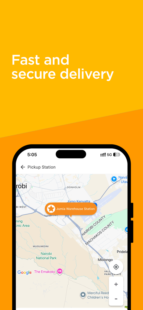 Jumia app screen showing a pickup station location on a map in Nairobi for fast and secure delivery