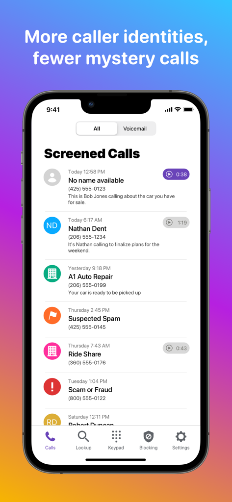 Hiya: Spam Blocker & Caller ID - Interfaccia dell'app Hiya che mostra un elenco di chiamate filtrate con ID chiamante ed etichette spam