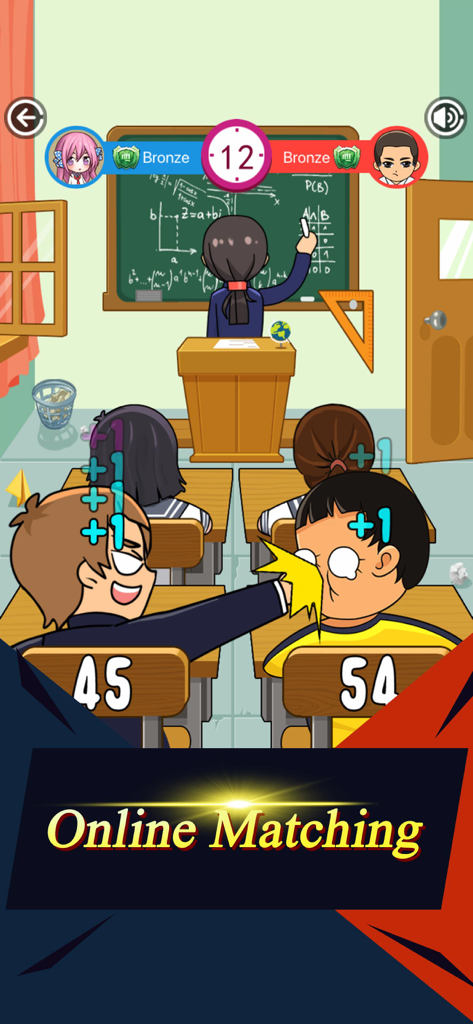 Class.io - Classmate Battle - Función de emparejamiento en línea en el juego Class.io classmate battle con escena de aula de dibujos animados.