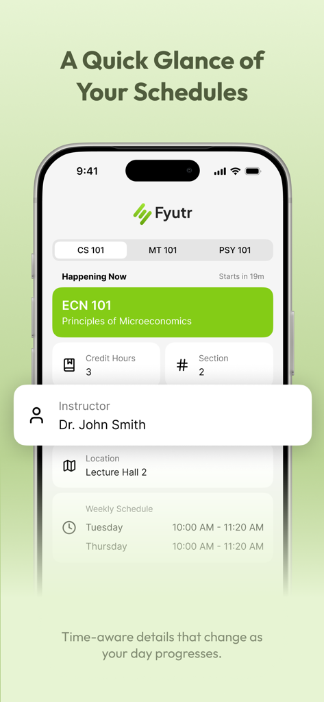 Fyutr - Student Calendar - Interface de l'application Fyutr affichant des informations détaillées sur les cours pour un cours de microéconomie, y compris l'instructeur et le lieu.