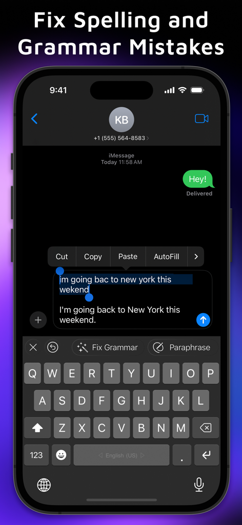 Auri AI Keyboard & Assistant - Auri AI keyboard fixing spelling and grammar mistakes in a chat message
