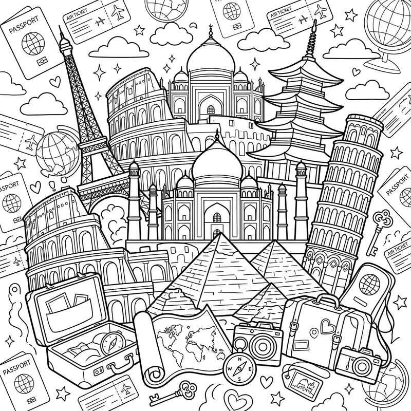 Experience the thrill of global travel from the comfort of your home with this stunning coloring page. Featuring famous architectural wonders and essential travel gear, it's a perfect escape for aspiring explorers and art enthusiasts.