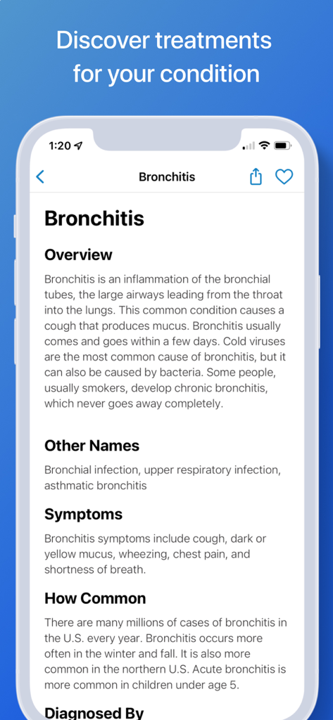 WebMD app screen displaying a medical overview and symptoms for Bronchitis