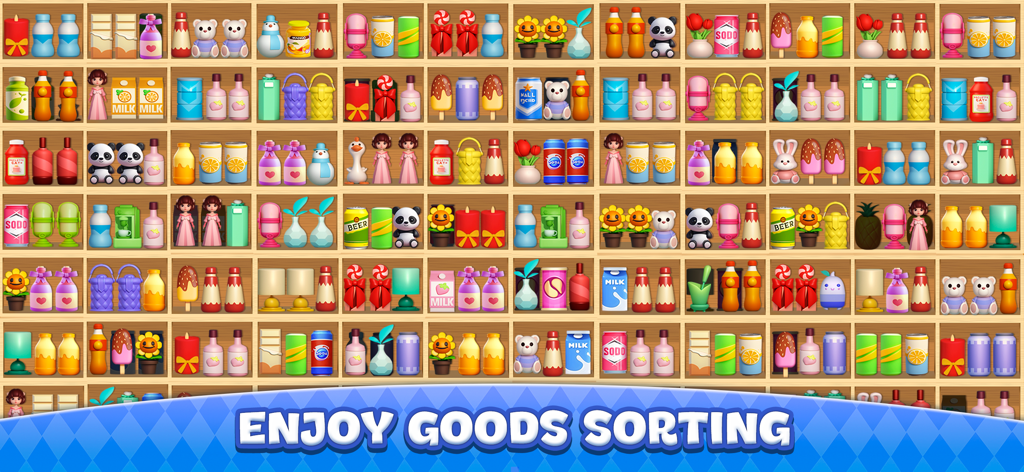 A vibrant 3D puzzle game screen showing shelves filled with various household items for triple matching and sorting