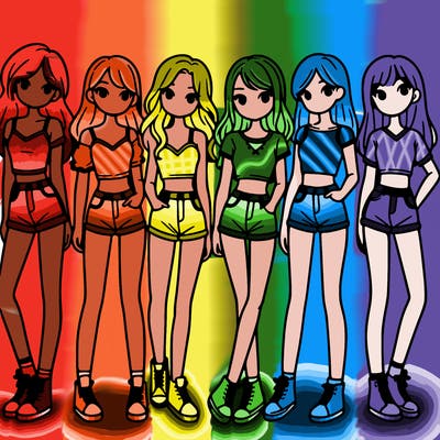a group of girls wearing crop tops and shorts