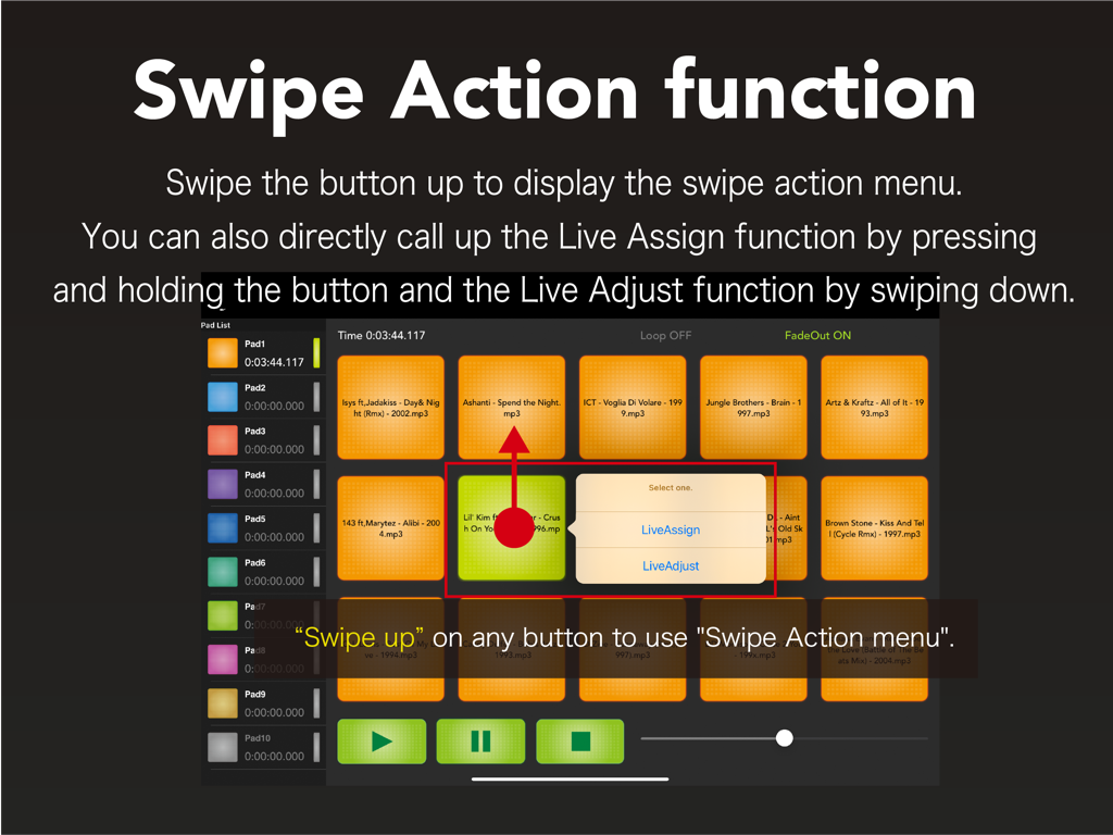 iPad-Oberfläche von SoundPad Pro Max, die die Wischgeste nach oben auf einem Sound-Pad demonstriert, um das Swipe Action Menü mit Optionen für LiveAssign und LiveAdjust zu öffnen.