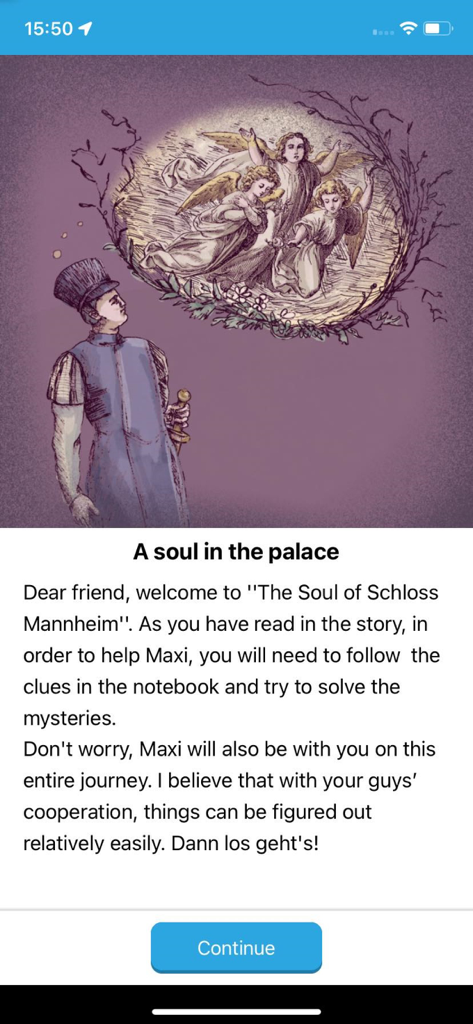 Story introduction screen for an AR mystery game at Schloss Mannheim in the Popworld app