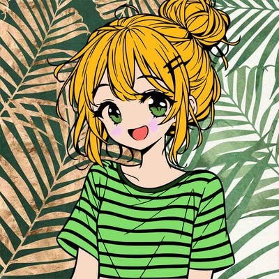 anime girl teenager striped shirt and smile and messy bun