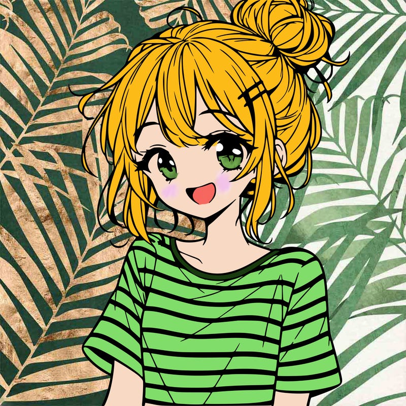 anime girl teenager striped shirt and smile and messy bun