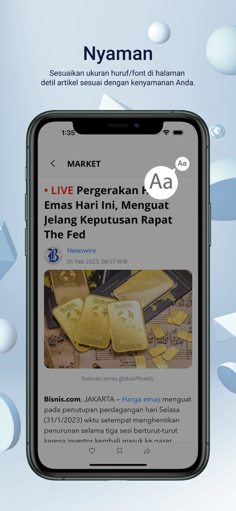 Smartphone displaying the Bisnis.com app news article with font size adjustment options for enhanced readability.