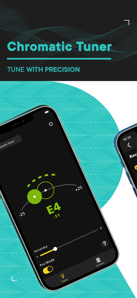 Rocksmith Tunerモバイルアプリのプロフェッショナルなクロマチックチューナーインターフェース。精密チューニング設定が表示されています。