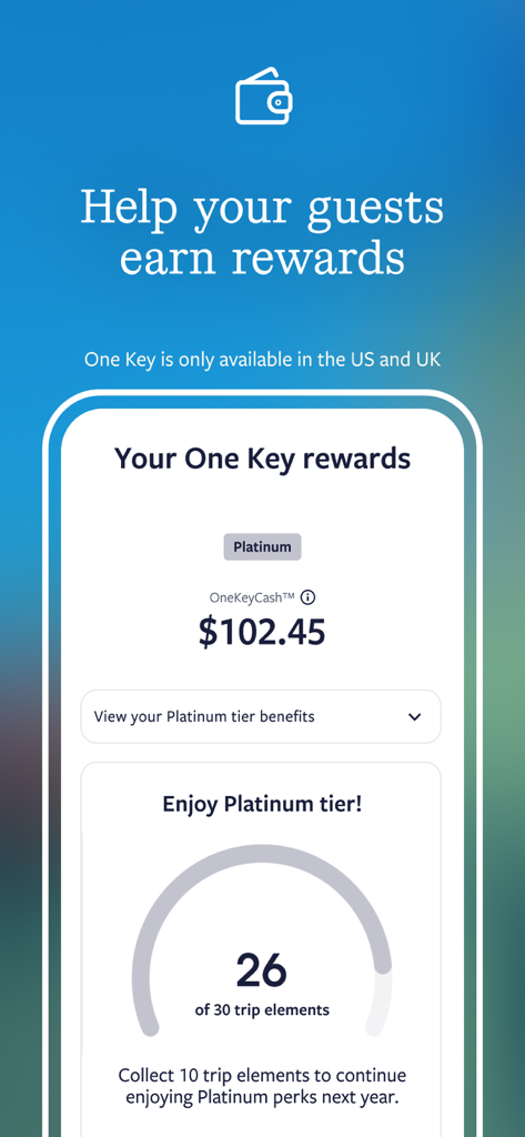 Interface de l'application Vrbo Propriétaire montrant les détails du programme de récompenses One Key et les avantages pour les voyageurs