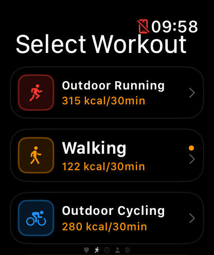 watchHR - 屋外ランニング、ウォーキング、屋外サイクリングのオプションを表示するwatchHRアプリのApple Watchでのワークアウト選択画面