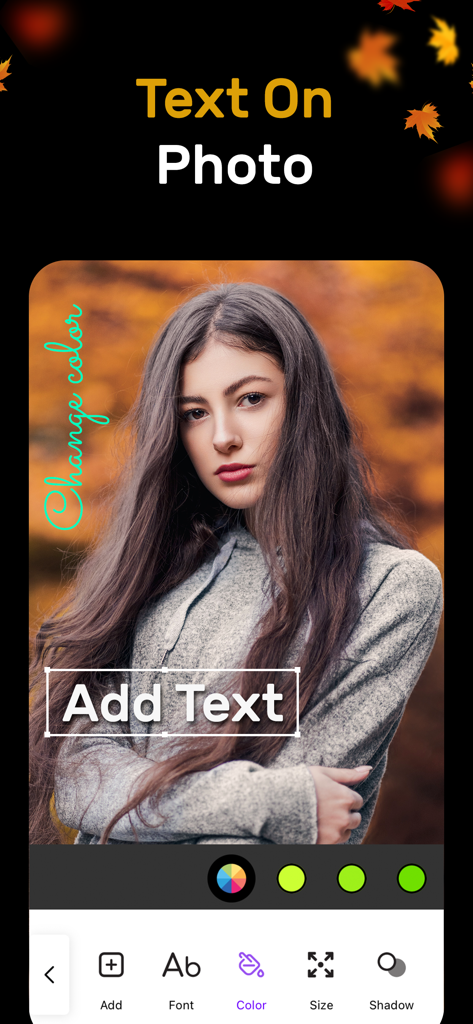 Locket Photo Locket Frames HD - A mobile interface showing the text on photo feature with tools to customize font color and size