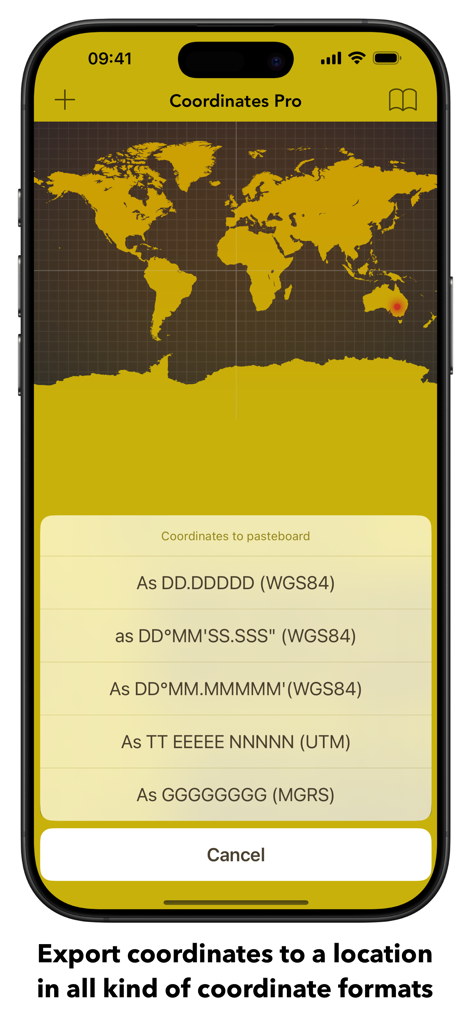 Menu de Coordinates Pro pour exporter les données de localisation dans les formats WGS84, UTM et MGRS.