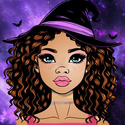 realistic black girl with wavy hair and witch hat and nose and lips