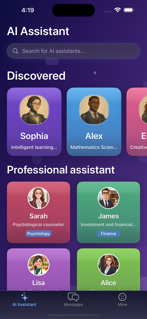 TalkTide app interface showing a grid of specialized AI assistants including psychological counselors and financial analysts with custom avatars