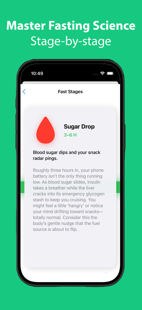 AllyFast - AllyFast mobile app interface showing scientific insights for the sugar drop stage during intermittent fasting