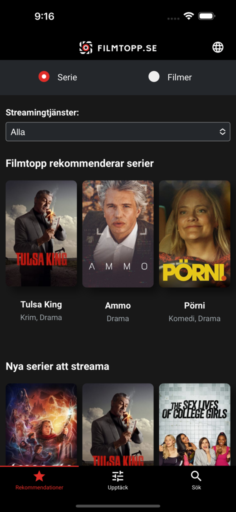 Die Benutzeroberfläche der Filmtopp-App, die empfohlene TV-Serien von mehreren Streaming-Plattformen mit Kategoriefiltern und Navigationssymbolen anzeigt.