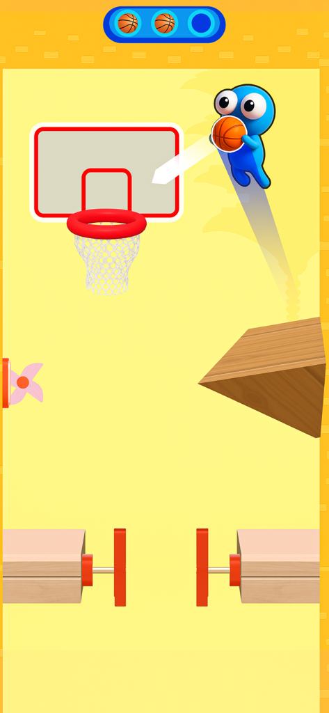 BasketBlitz: Basketball Game - Un personaje azul apunta un tiro de baloncesto a una canasta superando obstáculos de madera en BasketBlitz.