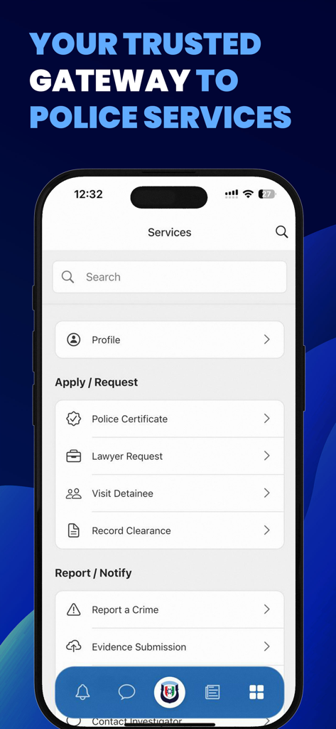 Interface of the PoliceMV app showing the services dashboard with options for police certificates and crime reporting