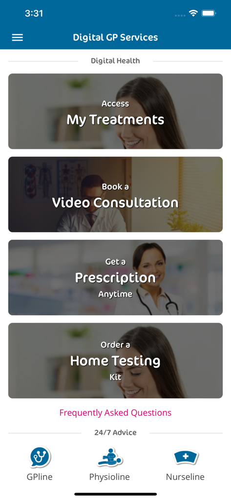 Screenshot of the Laya App Digital GP Services menu with options for video consultations and prescriptions