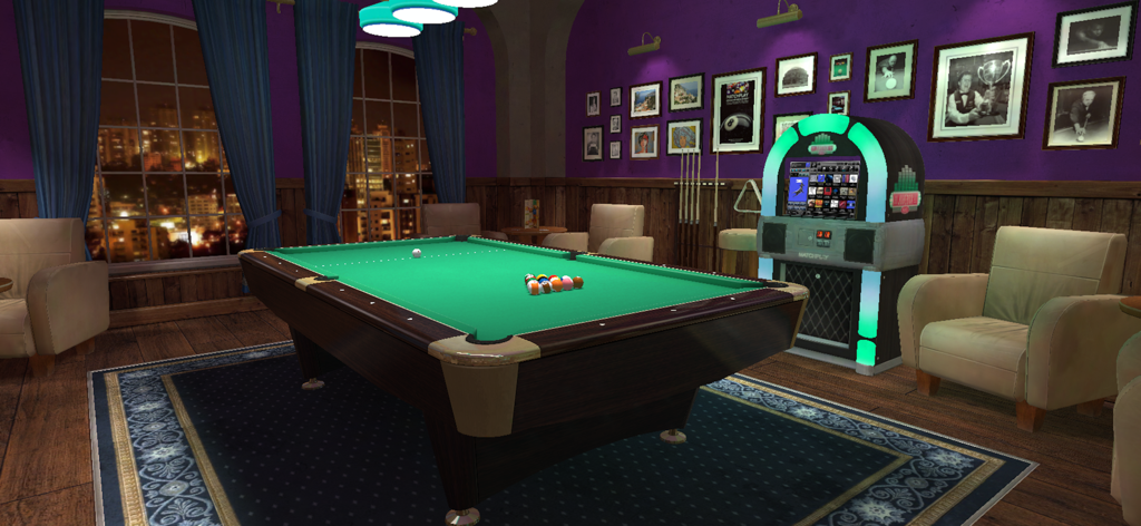 Una sala de billar virtual 3D con una mesa de billar verde y una máquina de discos retro en un club social