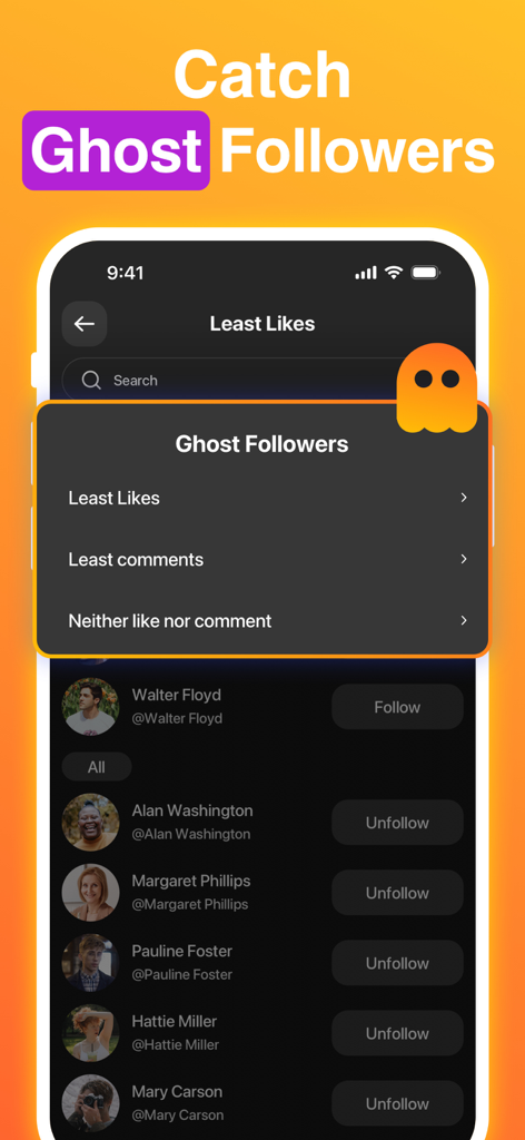 A mobile interface showing a list of ghost followers with options to unfollow inactive accounts.